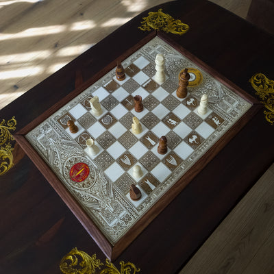 Handmade solid wood coffee table with an inlaid engraved chessboard. Walnut Douglas Fir top with white-stained maple inlay — elegant, functional decor.