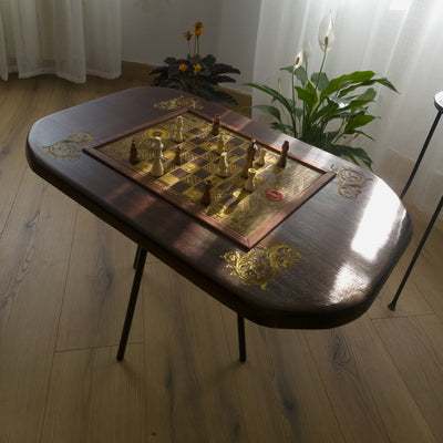 Living Room Center Wood Coffee Table with a chessboard laser engraved. made of walnut stained solid wood. Unique furniture decor artisan made.