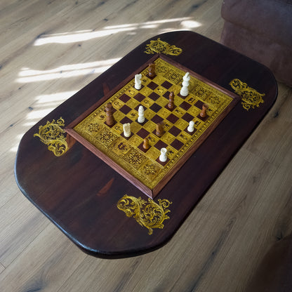 wood coffee table centrepiece for living room rustic decor with a chessboard laser engraved . side table furniture artisan hand made