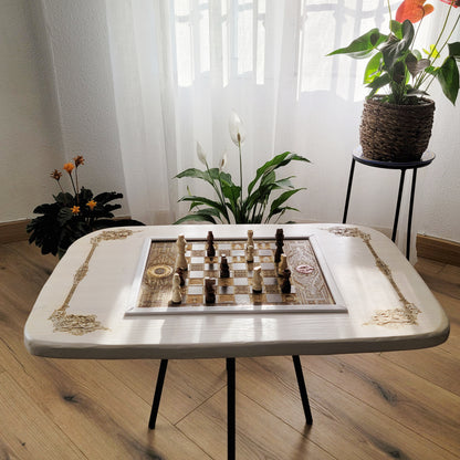 Handmade white stained Douglas Fir coffee table with gold engraved walnut chessboard inlay — artisan fantasy wood furniture