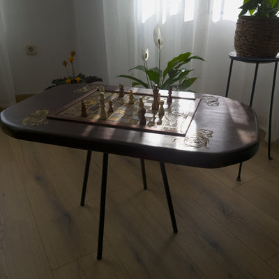 LOTR Wood Chessboard Coffee Table Top - Walnut Stained – gothic art, engraved wood, dark fantasy, skeleton design, artisan crafted