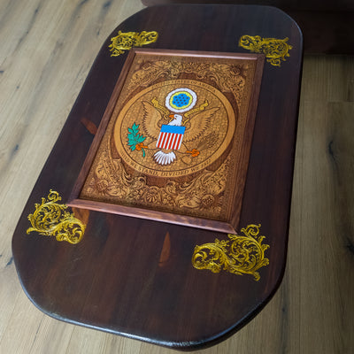 Handmade walnut wood coffee table with laser engraved and hand painted USA Great Seal inlay and gold accents