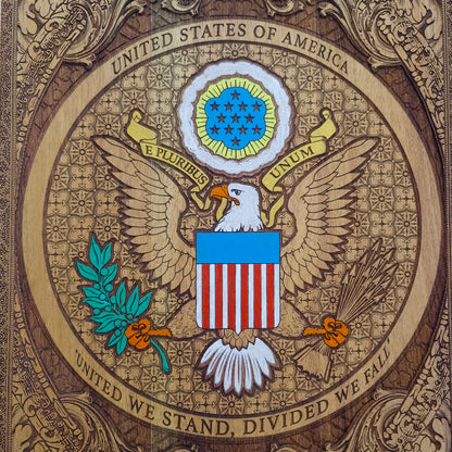 Handmade white wood coffee table with laser engraved and hand painted USA Great Seal inlay 