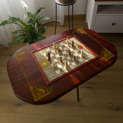 Handmade Lord of the Rings wooden chess coffee table with laser engraved maple chessboard and red walnut stained tabletop