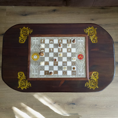 Handmade solid wood coffee table with an inlaid engraved chessboard. Walnut Douglas Fir top with white-stained maple inlay — elegant, functional decor.