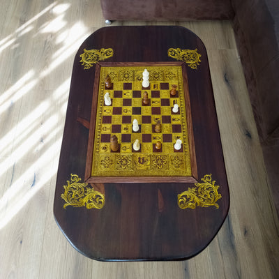 Roman Wood Chessboard Coffee Table Top - Walnut Stained – gothic art, engraved wood, dark fantasy, skeleton design, artisan crafted