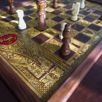 Living Room Center Wood Coffee Table with a chessboard laser engraved. made of walnut stained solid wood. Unique furniture decor artisan made.