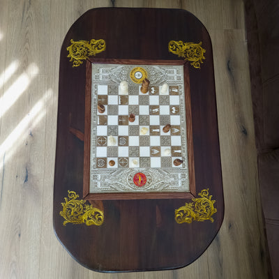 Handmade solid wood coffee table with an inlaid engraved chessboard. Walnut Douglas Fir top with white-stained maple inlay — elegant, functional decor.