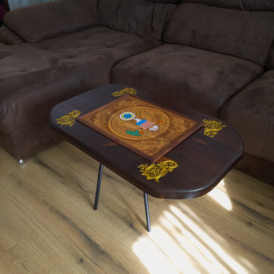 Handmade walnut wood coffee table with laser engraved and hand painted USA Great Seal inlay and gold accents