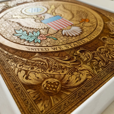 USA Great Seal Wood Coffee Table Top - White Stained – gothic art, engraved wood, dark fantasy, skeleton design, artisan crafted