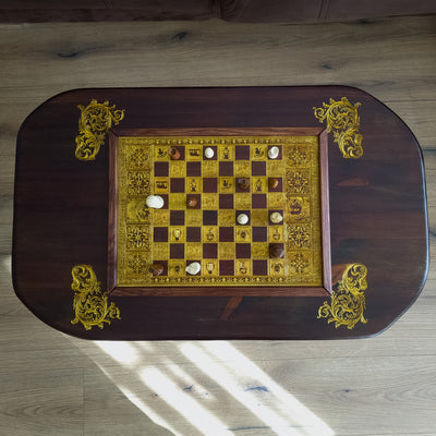Roman Wood Chessboard Coffee Table Top - Walnut Stained – gothic art, engraved wood, dark fantasy, skeleton design, artisan crafted