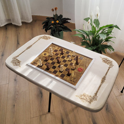 Handmade white stained Douglas Fir coffee table with gold engraved walnut chessboard inlay — artisan fantasy wood furniture