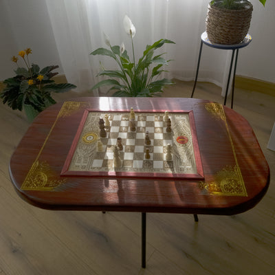 LOTR Wood Chessboard Coffee Table Top - Red Walnut Stained – gothic art, engraved wood, dark fantasy, skeleton design, artisan crafted