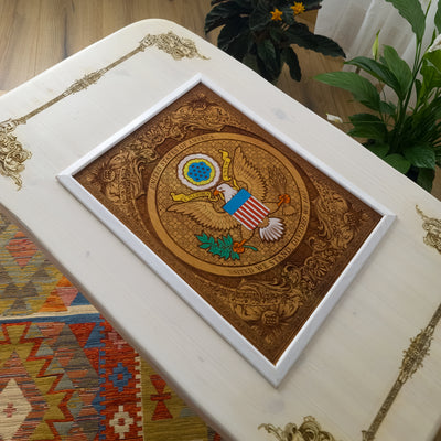 USA Great Seal Wood Coffee Table Top - White Stained – gothic art, engraved wood, dark fantasy, skeleton design, artisan crafted