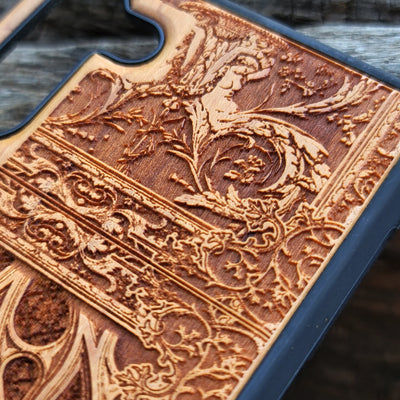 Wooden phone case with intricate gothic pattern, laser-engraved for iPhone , iPhone 15, Samsung Galaxy S, S24, Note 20. Durable and unique, perfect for gothic art fans and collectors.