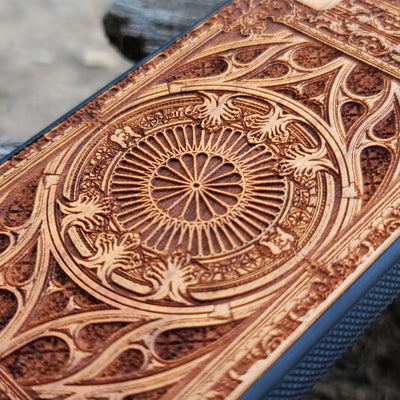 Wooden phone case with intricate gothic pattern, laser-engraved for iPhone , iPhone 15, Samsung Galaxy S, S24, Note 20. Durable and unique, perfect for gothic art fans and collectors.