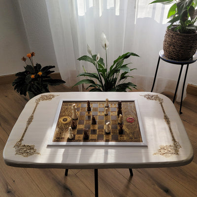 Handmade white stained Douglas Fir coffee table with gold engraved walnut chessboard inlay — artisan fantasy wood furniture