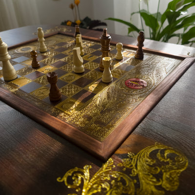 LOTR Wood Chessboard Coffee Table Top - Walnut Stained – gothic art, engraved wood, dark fantasy, skeleton design, artisan crafted