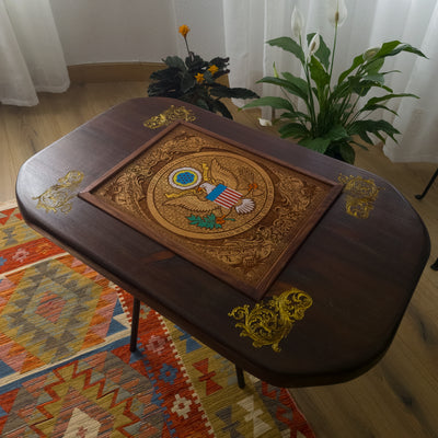 USA Great Seal Wood Coffee Table Top - Walnut Stained – gothic art, engraved wood, dark fantasy, skeleton design, artisan crafted