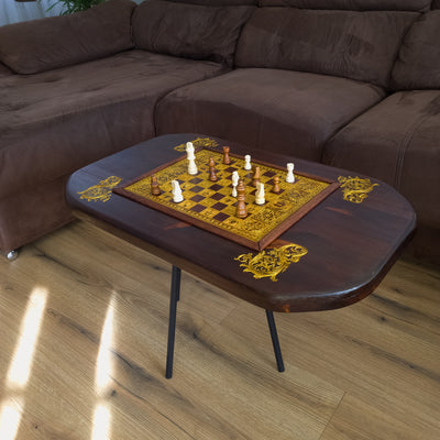 wood coffee table centrepiece for living room rustic decor with a chessboard laser engraved . side table furniture artisan hand made