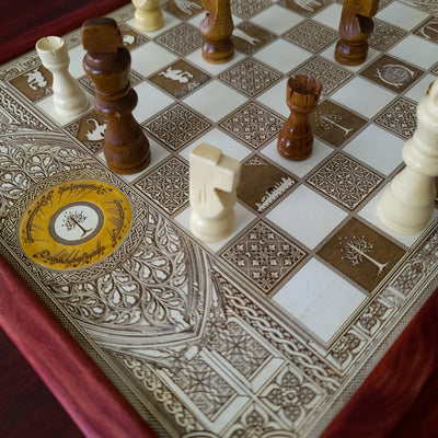 LOTR Wood Chessboard Coffee Table Top - Red Walnut Stained – gothic art, engraved wood, dark fantasy, skeleton design, artisan crafted