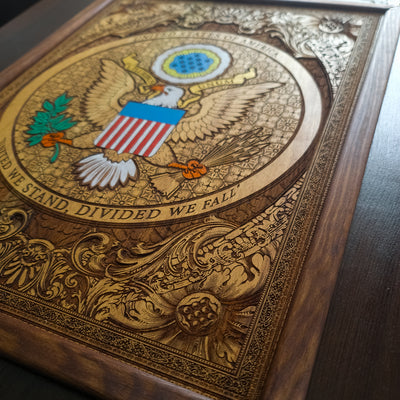 USA Great Seal Wood Coffee Table Top - Walnut Stained – gothic art, engraved wood, dark fantasy, skeleton design, artisan crafted