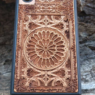 Wooden phone case with gothic pattern laser-engraved design, available for iPhone , iPhone 15, Samsung Galaxy S, S24, Note 20 Ultra. Stylish and protective, perfect for fans of gothic art.