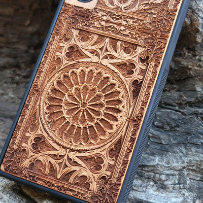 Wooden phone case with gothic pattern laser-engraved design, available for iPhone , iPhone 15, Samsung Galaxy S, S24, Note 20 Ultra. Stylish and protective, perfect for fans of gothic art.