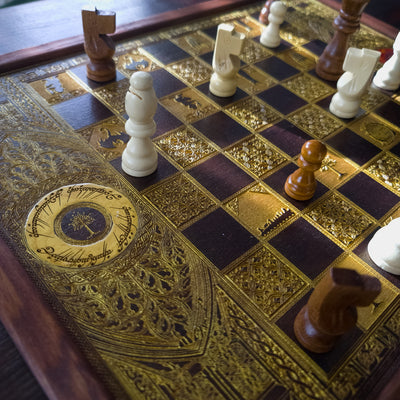 LOTR Wood Chessboard Coffee Table Top - Walnut Stained – gothic art, engraved wood, dark fantasy, skeleton design, artisan crafted