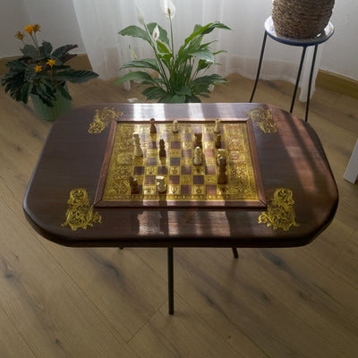 Roman Wood Chessboard Coffee Table Top - Walnut Stained – gothic art, engraved wood, dark fantasy, skeleton design, artisan crafted