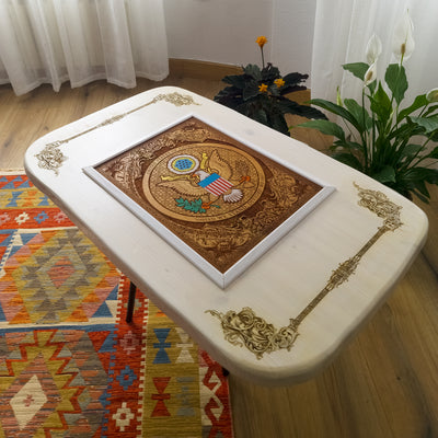 USA Great Seal Wood Coffee Table Top - White Stained – gothic art, engraved wood, dark fantasy, skeleton design, artisan crafted
