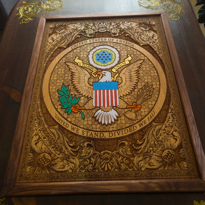 Handmade walnut wood coffee table with laser engraved and hand painted USA Great Seal inlay and gold accents