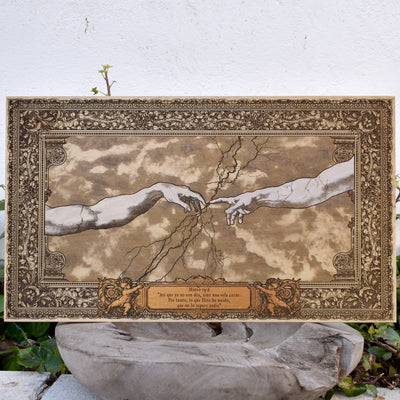 Personalized wedding and anniversary gift engraved on real wood inspired by Michelangelo Creation of Adam with custom names and date