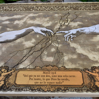 Personalized wedding and anniversary gift engraved on real wood inspired by Michelangelo Creation of Adam with custom names and date