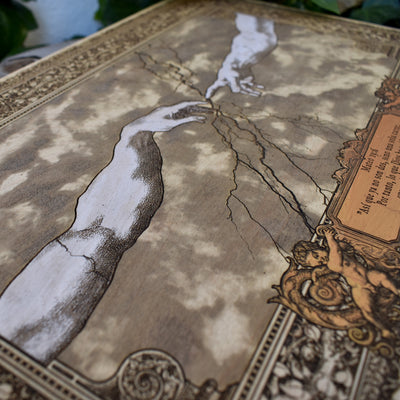 Personalized wedding and anniversary gift engraved on real wood inspired by Michelangelo Creation of Adam with custom names and date