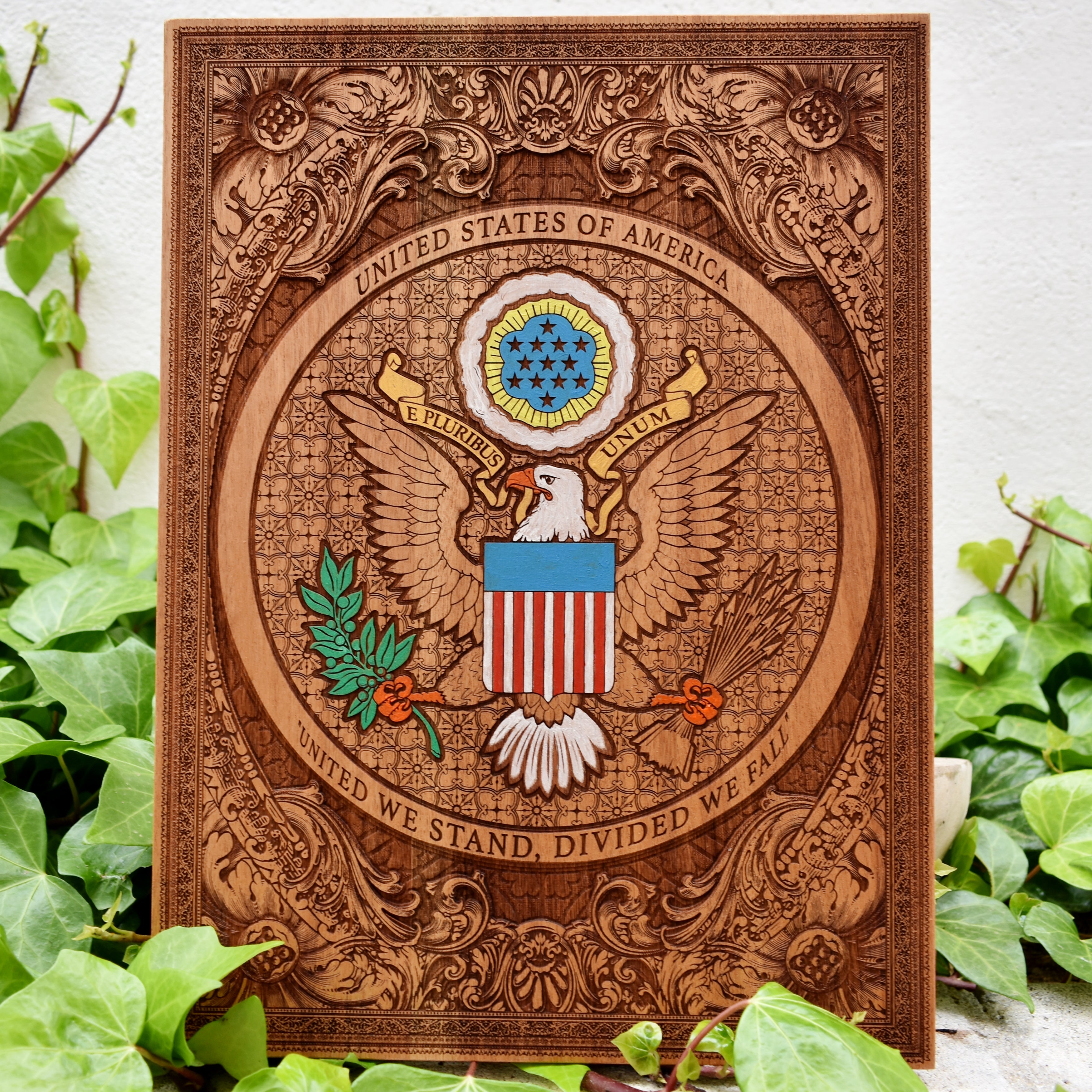 Laser engraved and hand painted wooden wall art featuring the USA Great Seal and American eagle patriotic design