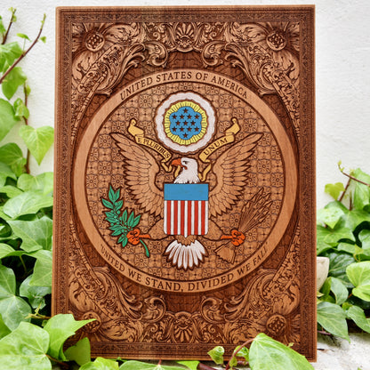 Laser engraved and hand painted wooden wall art featuring the USA Great Seal and American eagle patriotic design