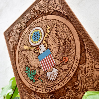Laser engraved and hand painted wooden wall art featuring the USA Great Seal and American eagle patriotic design