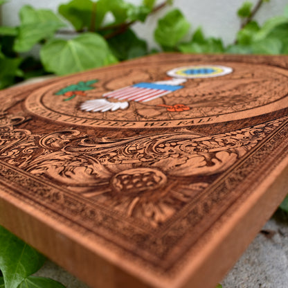 Laser engraved and hand painted wooden wall art featuring the USA Great Seal and American eagle patriotic design