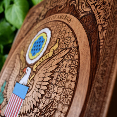 American Coat of Arms Variant - Cedar Hand Painted – gothic art, engraved wood, dark fantasy, skeleton design, artisan crafted