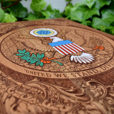 American Coat of Arms Variant - Cedar Hand Painted – gothic art, engraved wood, dark fantasy, skeleton design, artisan crafted