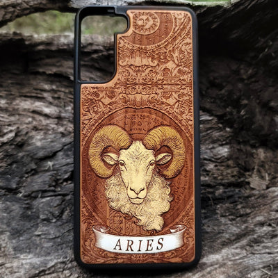 Aries zodiac phone case with engraved wood design