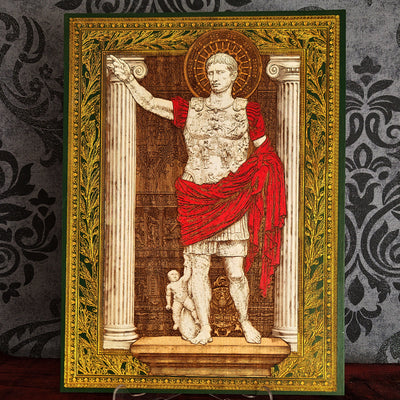 Augustus Roman Emperor engraved wood wall art with Roman columns, laurel border and hand painted classical details