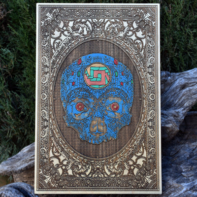 Aztec skull wall art engraved on maple wood, hand-painted with tribal symbols.