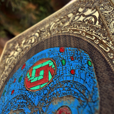 Aztec skull artwork carved into maple wood, ideal for boho or alt decor.