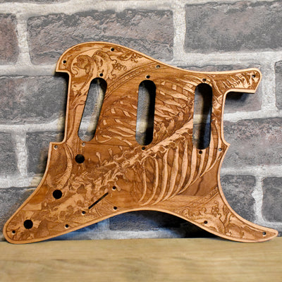 Stratocaster HSS & SSS Wood Pickguard - Buried Skeleton – gothic art, engraved wood, dark fantasy, skeleton design, artisan crafted