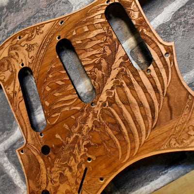 Stratocaster HSS & SSS Wood Pickguard - Buried Skeleton – gothic art, engraved wood, dark fantasy, skeleton design, artisan crafted
