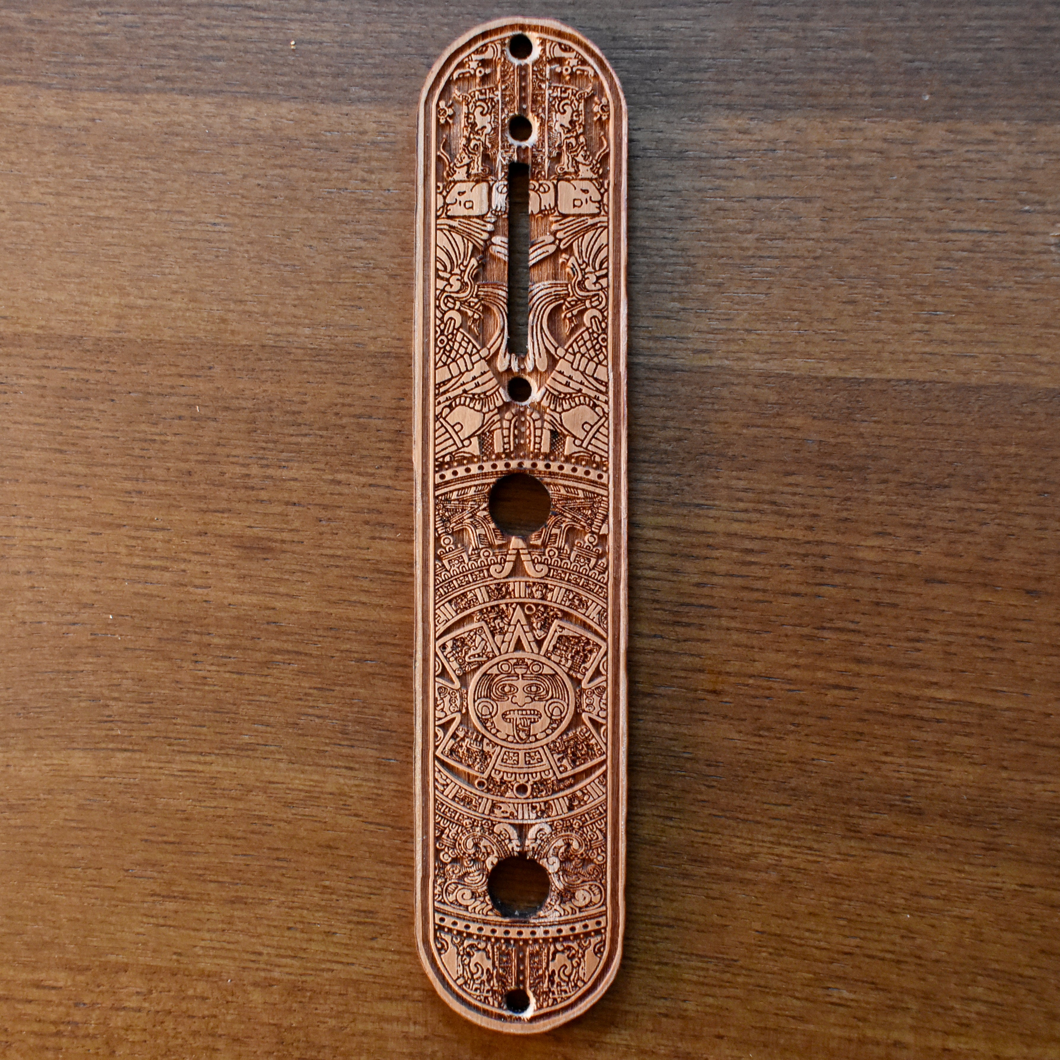 Telecaster Control Plate Aztec Embellishment – gothic art, engraved wood, dark fantasy, skeleton design, artisan crafted