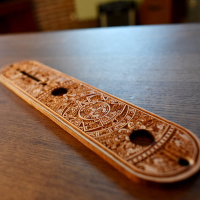Telecaster Control Plate Aztec Embellishment – gothic art, engraved wood, dark fantasy, skeleton design, artisan crafted