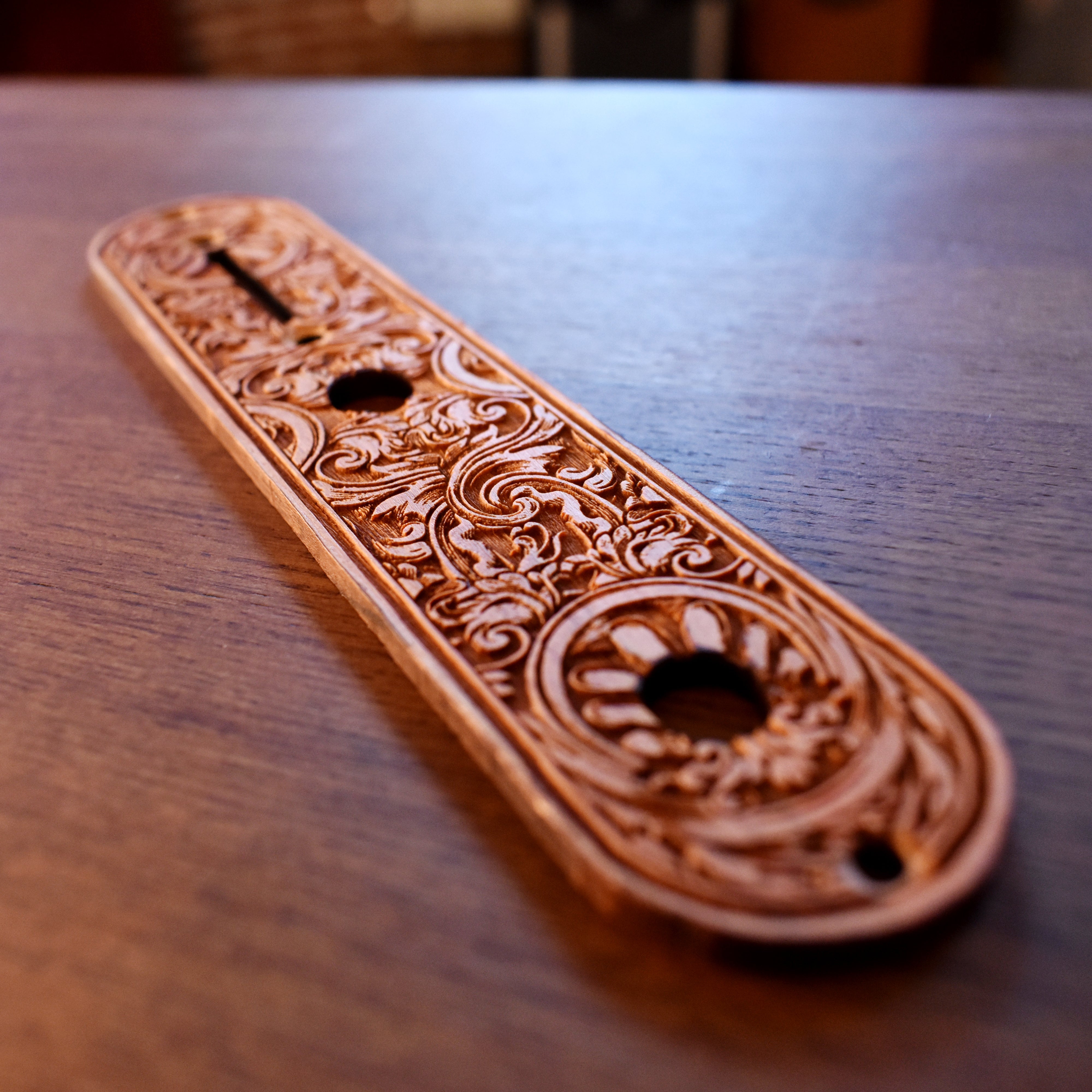 Telecaster Control Plate Embellishment – gothic art, engraved wood, dark fantasy, skeleton design, artisan crafted